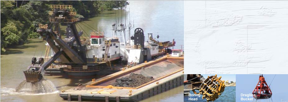 Dredging barge with insets of boring head and dragline bucket
