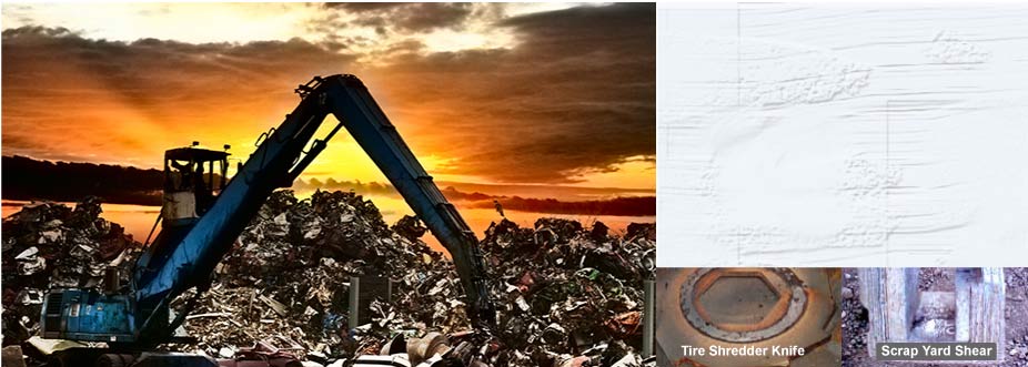 Recycling yard with insets of tire shredder knife and scrapard shear
